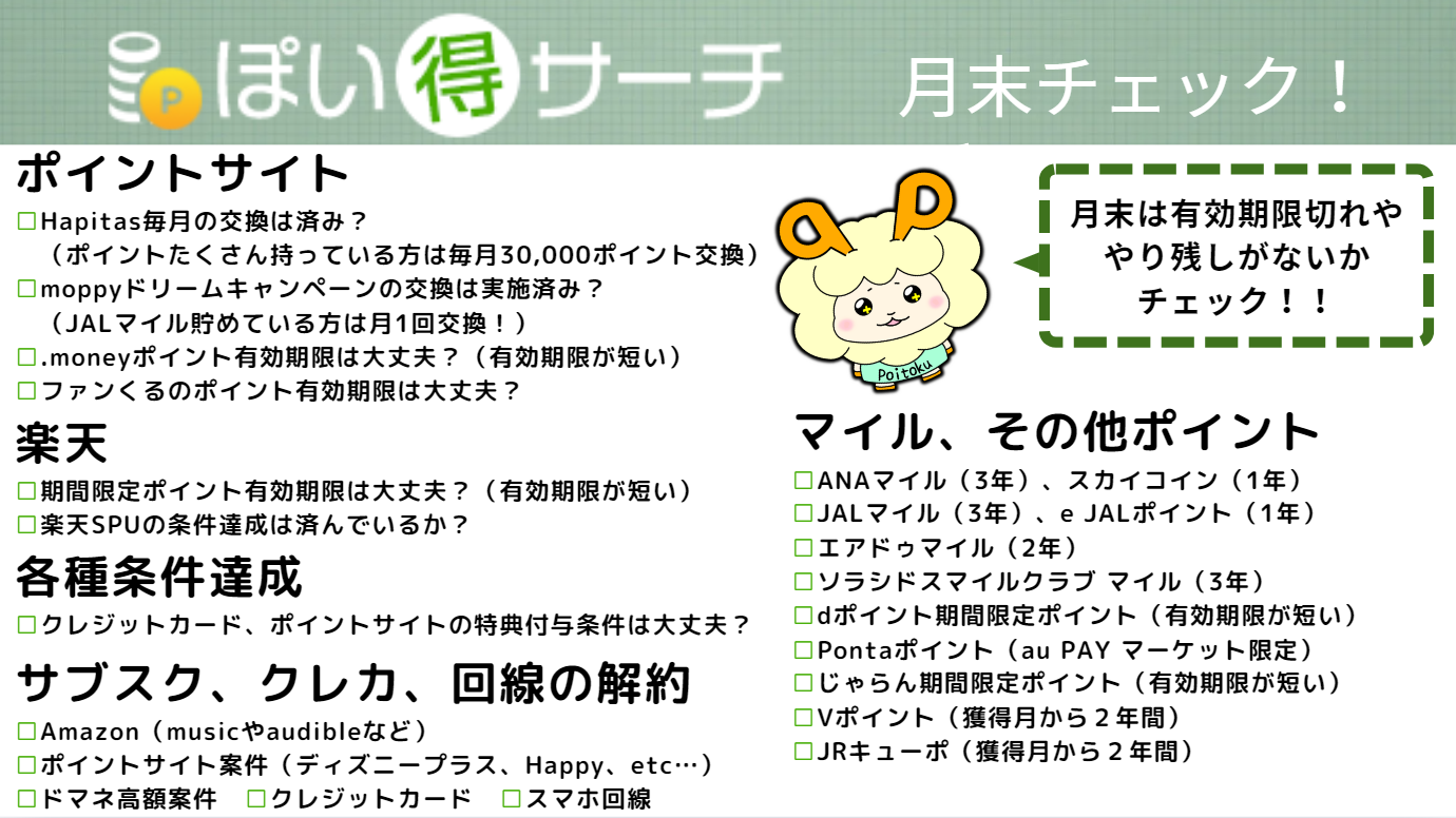 ポイ活月末チェック！各種有効期限や解約忘れがないかチェック！！｜ぽい得サーチ